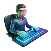 serene contemporary A programmer coding on a futuristic holographic keyboard, dark environment with glowing keys, cyberpunk style original png