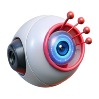 beautiful rustic A transparent robotic eye scanning a binary code stream, intricate internal mechanisms visible, illuminated by a red laser beam authentic png