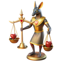 stunning rustic Anubis, the jackal-headed god, weighing a heart against a feather on golden scales, hieroglyphs etched on the scales, ancient Egyptian art style 4K png