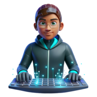 stunning contemporary A young hacker with glowing data streams projected onto their face, fingers flying across a holographic keyboard, immersed in the digital world high resolution png