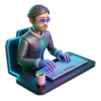 extraordinário minimalista uma programador codificação em uma futurista holográfico teclado, Sombrio meio Ambiente com brilhando chaves, cyberpunk estilo autêntico png
