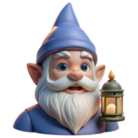 elegant classic Portrait of a whimsical gnome with a pointed hat, a long white beard, and twinkling eyes, lit by a lantern, in a fairytale illustration style high quality png