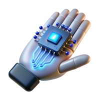 stunning abstract A close-up of a cybernetic hand holding a glowing data chip, intricate wiring and metallic components visible, lit by a cool blue light premium png