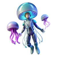 wonderful modern A solitary figure in a spacesuit floats amongst a field of giant, pulsating jellyfish. Science fiction style, cool, neon lighting premium png