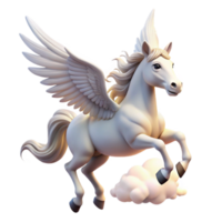 dramatic classic A graceful pegasus, with wings of pure white, soaring through a cloudy sky, lit by the rays of the sun. Romantic painting style authentic png