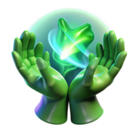 elegant artistic A pair of spectral hands weaving a tapestry of emerald green energy, illuminated by a celestial aurora borealis, in a ethereal art style professional png