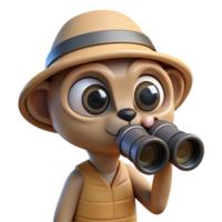 dramatic creative A curious meerkat wearing a safari hat and peering through binoculars, lit by a bright, African savanna sunlight, drawn in a documentary-style cartoon genuine png