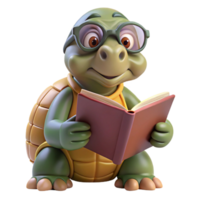 serene creative A wise old tortoise wearing spectacles and reading a book, illuminated by a warm, library light, rendered in a gentle, Aesop's Fables cartoon style high resolution png