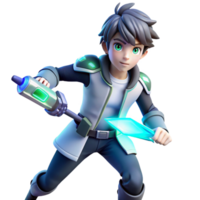 vibrant artistic A stylish anime boy with a futuristic outfit, holding a glowing weapon, dynamic lighting, cyberpunk anime style, action pose authentic png
