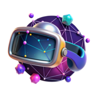 extraordinary classic A virtual reality headset floating in space, surrounded by digital constellations, vibrant, neon colors, surrealist style detailed png