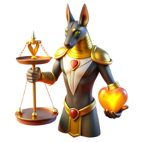 vibrant traditional A proud Anubis with the head of a jackal and the body of a man, weighing a heart on a golden scale, illuminated by a divine light. Ancient Egyptian style genuine png