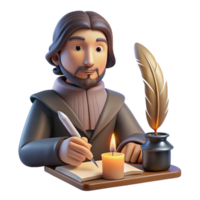 stunning modern Portrait of a thoughtful writer with a quill and parchment, illuminated by the warm glow of a candlelit desk, styled as a vintage portrait premium png