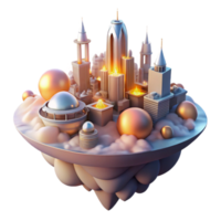 dramatic minimalist A futuristic city floating in the clouds, powered by glowing orbs of energy, illuminated by the warm light of the sun. Fantasy style genuine png