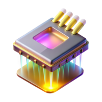 impressive abstract A single, levitating microchip emitting beams of multicolored light, intricate details visible on its surface, lit by a warm, golden light. Art Deco style authentic png