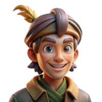 extraordinary artistic Portrait of a charming rogue with a sly grin, a mischievous twinkle in his eye, and a feathered cap, lit by dim tavern lighting detailed png