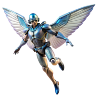 magnificent creative A cyborg with intricate mechanical wings, soaring through the air, dynamic pose, cyberpunk aesthetic high quality png