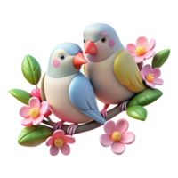 impressive rustic A pair of lovebirds perched on a flowering branch, soft, romantic lighting, vintage illustration style high resolution png