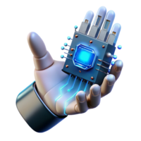 vibrant modern A close-up of a cybernetic hand holding a glowing data chip, intricate wiring and metallic components visible, lit by a cool blue light authentic png