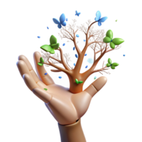 stunning abstract A human hand transforming into a tree with branches of light and leaves of butterflies, in a surrealist style, premium png