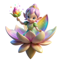 beautiful contemporary A playful pixie, with wings of iridescent gossamer, sprinkling magical dust onto a blooming lotus flower, lit by a rainbow of light. Fantasy art style premium png