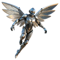 serene artistic A cyborg with intricate mechanical wings, soaring through the air, dynamic pose, cyberpunk aesthetic 4K png