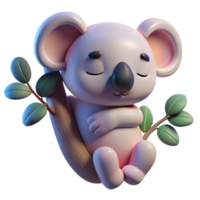 elegant rustic A sleepy koala hugging a eucalyptus tree branch, bathed in soft, twilight light, illustrated in a gentle, pastel cartoon style premium png