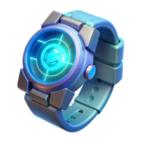 serene minimalist A futuristic wristwatch displaying holographic information, intricate details and glowing icons visible, lit by a soft blue light. Sci-Fi style genuine png