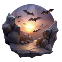 impressive contemporary A colony of bats flying out of a cave at dusk, silhouetted against the twilight sky, dark and atmospheric style detailed png