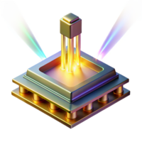 elegant modern A single, levitating microchip emitting beams of multicolored light, intricate details visible on its surface, lit by a warm, golden light. Art Deco style detailed png