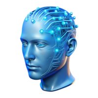 wonderful vintage A transparent human head with visible circuitry and data streams flowing through the brain, illuminated by a cool blue light. Cyberpunk style detailed png