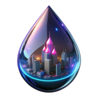 serene classic A futuristic cityscape reflected in a raindrop on a window, neon lights blurring and distorting, in a cyberpunk style high resolution png