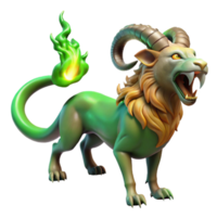 elegant contemporary A chimera, a creature composed of a lion, goat, and serpent, breathing a plume of emerald fire, dramatic backlighting, surrealist style professional png