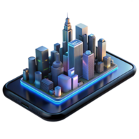 impressive abstract A futuristic city skyline reflected in a sleek, black smartphone screen, illuminated by the city lights, in a realistic style original png
