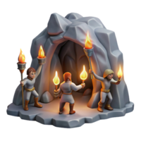 dramatic contemporary A group of adventurers exploring a dark cave, carrying torches, lit by the flickering flames. Classic fantasy, realistic style high quality png