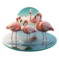 serene minimalist A group of flamingos wading in a shallow lake, with their reflections shimmering in the water, under a soft, pastel sky, in a graceful, nature photography style premium png