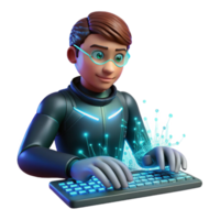 elegant modern A young hacker with glowing data streams projected onto their face, fingers flying across a holographic keyboard, immersed in the digital world detailed png