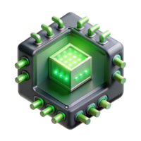 vibrant modern A single, levitating circuit board emitting pulses of binary code, illuminated by a cool, green light. Cyberpunk style genuine png
