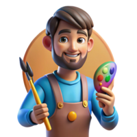 impressive vintage Portrait of a passionate artist with a paintbrush in hand, splattered with paint, lit by natural light from a window, in an expressive style detailed png