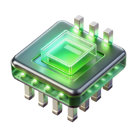 magnificent contemporary A levitating transparent computer chip with intricate circuitry, illuminated by glowing green light, in a minimalist style exclusive png