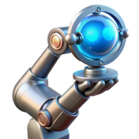 stunning modern A chrome robotic arm delicately holding a glowing orb of data, intricate wires and circuitry visible beneath its polished surface, lit by a soft blue neon light. Cinematic style 4K png