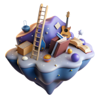vibrant classic A floating island composed of books and musical instruments, connected by ladders of light, under a nebula sky. Digital painting style 4K png