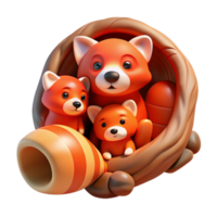 vibrant minimalist A family of red pandas curled up in a hollow log, warm, soft lighting, storybook illustration style 4K png
