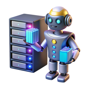 bellissimo rustico un' robotica bibliotecario con raggiante ottico sensori e interno dati Conservazione, organizzazione digitale libri, illuminato di il freddo leggero di un' server camera. dati visualizzazione stile originale png