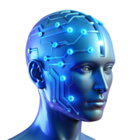 beautiful vintage A transparent human head with visible circuitry and data streams flowing through the brain, illuminated by a cool blue light. Cyberpunk style detailed png