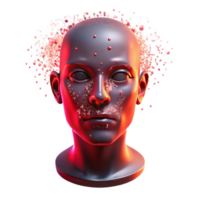extraordinary artistic A holographic projection of a human face disintegrating into particles, illuminated by red emergency lighting, in a dramatic style premium png