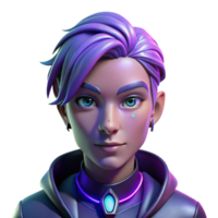 dramatic creative Portrait of a non-binary person with short, purple hair and intricate metallic facial jewelry, lit by a cool, ethereal glow, in a cyberpunk style high resolution png