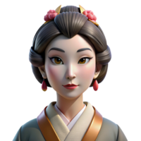 extraordinary creative Portrait of a beautiful geisha with elaborate makeup and a traditional kimono, lit by soft, diffused light, in a Japanese art style high resolution png