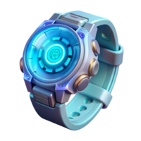beautiful vintage A futuristic wristwatch displaying holographic information, intricate details and glowing icons visible, lit by a soft blue light. Sci-Fi style premium png