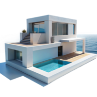 beautiful rustic Modernist villa, white concrete, minimalist design, infinity pool overlooking the ocean, clear blue sky original png