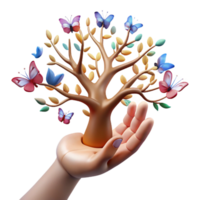 elegant classic A human hand transforming into a tree with branches of light and leaves of butterflies, in a surrealist style, high resolution png